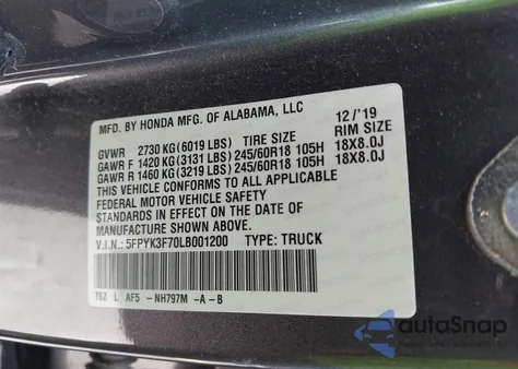 2020 Honda Ridgeline Rtl-E from USA, damaged, VIN 5FPYK3F70LB001200